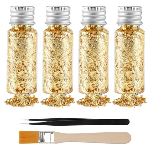 4 Flaschen Blattgoldblätter Blattgold Flocken Mit Pinzette & Pinsel Goldfolie Flocken Für Dekorfolienpapier Projekte Kunsthandwerk DIY Basteln Schmuck Möbel Kerzen Und Dekoration