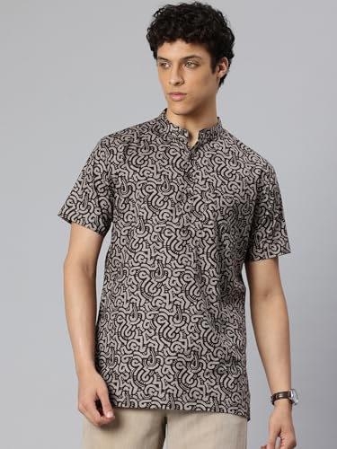 Image of Majestic Man Men Slim Fit Ethnic Motifs Cotton Printed Half Sleeve Short Kurta