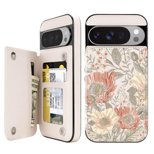 uCOLOR Compatible with Google Pixel 10/10 Pro Wallet Case with Card Holder Slot Folio Flip PU Leather Cover for Women Girls (Pink Vintage Flowers, for Google Pixel 10/10 Pro)
