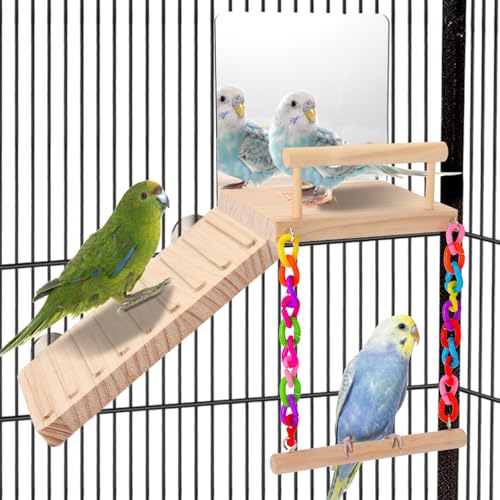 KyoukiBird Perch Platform Bird Toys with Bird Mirror Climbing Ladder Swing, Parakeet Cage...