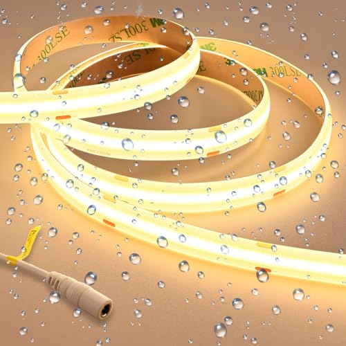 GOMING 24V Super Lumineux COB Ruban LED Blanc Chaud 3000K 5M 2050LM/M 14.5W/M IP65 étanche Haute Densité 480LED/M CRI 93+ Flexible Découpable Bande LED pour Maison Décorer(Sans Alimentation)