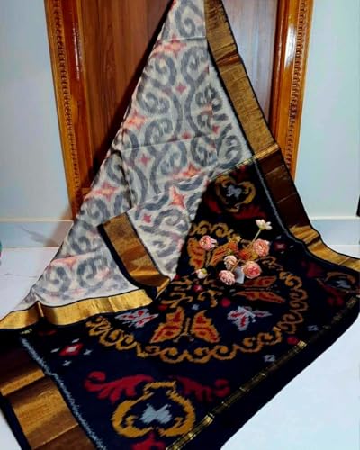 Image of AYYAPPASILK Women's Exclusive Ikkat Silk Saree for Designer Border with Contrast Blouse