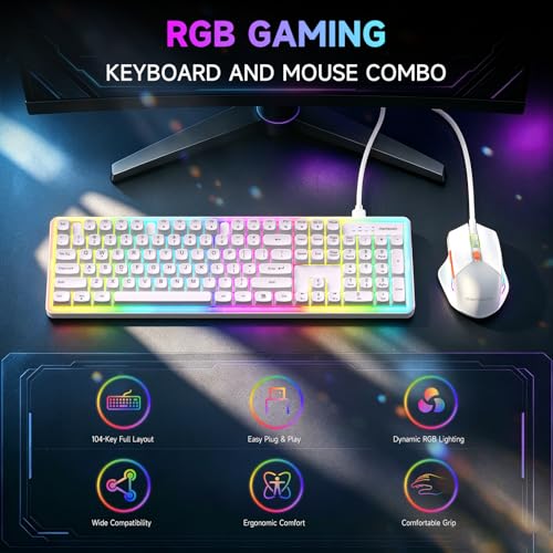 Image of memzuoix Wired RGB Keyboard and Mouse Combo, Full-Size Keyboard with Number Pad and 6400 DPI LED Mouse, 2.4G Plug and Play Keyboard Mouse Set for PC, Laptop, Mac, Office & Gaming, White