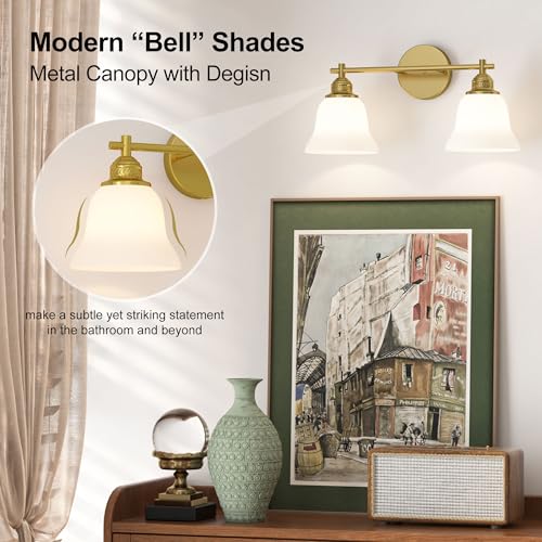 Image of Bathroom Light Fixture, 2-Light Vanity Wall Sconce with Glass Shades, Gold Finish, Light Fixtures Over Mirror for Bathroom, Bedroom, Living Room, Hallway, 18inch