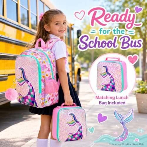 Image of CCJPX 16 inch Mermaid Backpack for Girls, 3Pcs Kids Sequin Bookbag with Lunch Box, Water Resistant Elementary School Bag for Kindergarten Preschool Toddler (Pink)