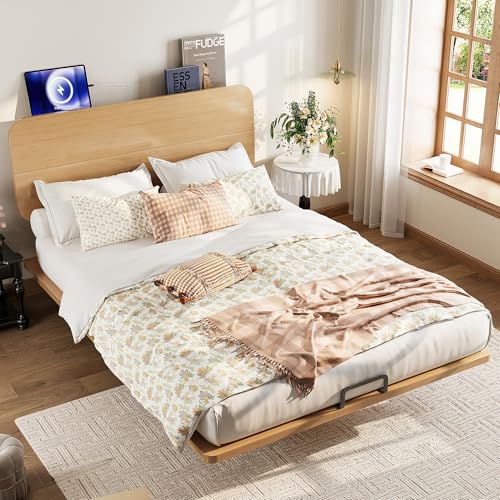 Image of Bellemave Queen Size Bamboo Bed Frame with Headboard,Bamboo Floating Platform Bed Frame Queen Size with Charging Station and Wood Slats,Easy Assembly,Natural