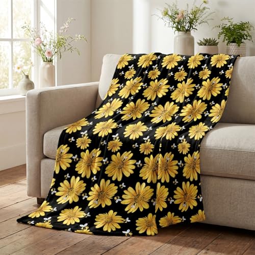 Horaldaily Spring Summer Flannel Blanket Throw Yellow Sunflower Bumble Bee Black Fall Soft Fuzzy Plush Cozy Fleece Blankets for Couch Sofa Bed Lounging Ideal Gifts for Kids Adults Self 50x60