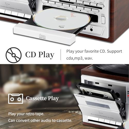 Musitrend JR18-NEW Record Player 9 In 1 3 Speed Bluetooth Vintage Turntable Cd Cassette Vinyl Player Am/Fm Radio Usb/Sd Playback Aux-In Rca Line-Out thumb #2