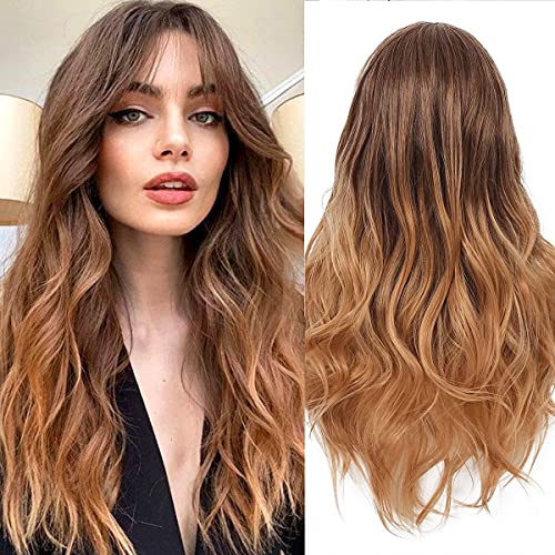 Baruisi Long Wavy Ombre Brown to Blonde Wigs for Women Natural Synthetic Dark Roots Daily Cosplay Wig with Bangs
