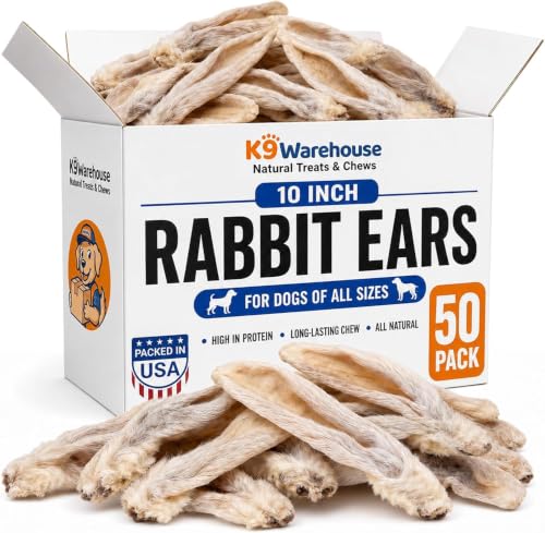 K9warehouse Rabbit Ears for Dogs - Dehydrated Rabbit Ears Dog Treats - Natural Chews - Low-Fat & Grain-Free - Promotes Dental Health - High Protein - Ideal Training Snacks - 50 Pack
