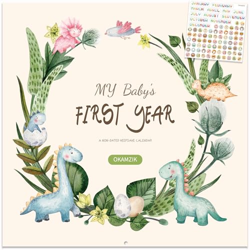 Babys First Year Calendar Memory Book with Milestone Stickers and Storage Pocket Baby Keepsake Tracker - 1st Year Tracker (dinosaur)