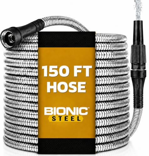 Bionic Steel 150 FT Long Garden Hose with Nozzle, 304 Stainless Steel Metal Water Hose 150ft, Flexible Hose, Kink Free, Lightweight & Durable, Crush Resistant Fitting, Easy to Coil, 500PSI- 2026 Model