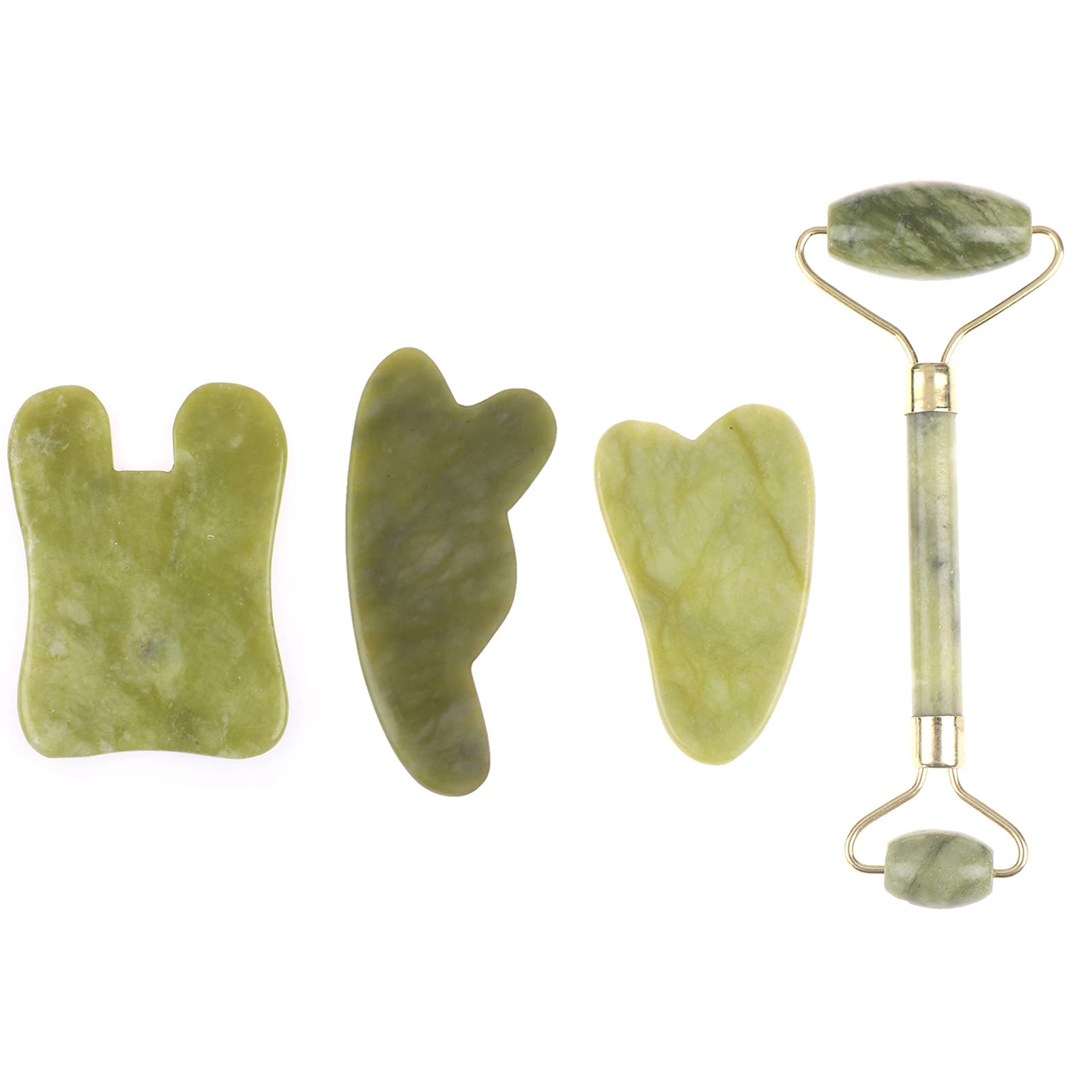 4Pcs Roller and Gua Sha Tools by Natural Jade Scraper Massage For Face Hand Made Jade Guasha Board SPA Acupunctur Therapy Trigger Point Treatment Tools.