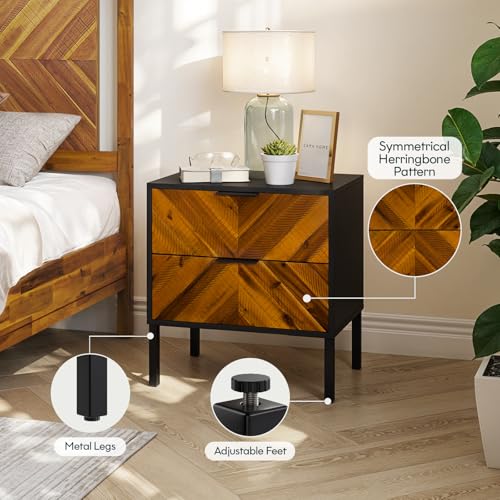 Image of Bme Vivian Nightstand with 2 Drawers, Solid Acacia Wood Bedside Table, Rustic Golden Brown Mid Legacy Modern Night Stand with Storage for Bedroom, Solid Wood End Table with Metal Legs
