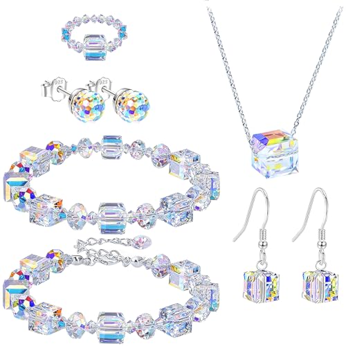 NEWITIN 8 Pieces Aurora Crystal Jewelry Set for Women Fashion Costume Jewels Crystal Necklace Bracelet Ring Earrings Sparkling Crystals Jewelry Set for Women
