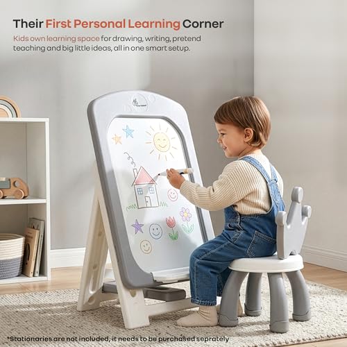 Image of R for Rabbit Little Genius Doodle Duo for Kids Whiteboard with Chair Set | 7-Level Adjustable Height Study Table for 3-7 Years | Foldable & Space Saving | Desk for Learning & Drawing (Grey White)