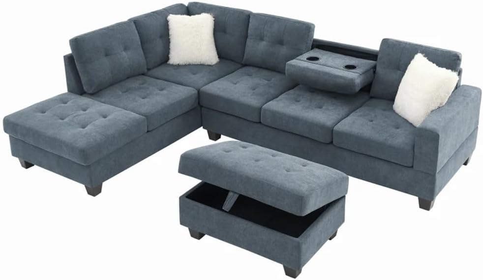 107" Fabric Sectional Sofa Couch with Storage Ottoman, L Shape with Folded Cup Holder Panel