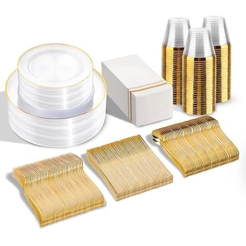 SUT 350Pcs Plastic Dinnerware Set for 50 Guests, Clear and Gold Plastic Plates, Disposable Plates and Napkins Party Supplies, Gold Plastic Silverware, Plates, Cups and Napkins Sets for Party Weddings Cover