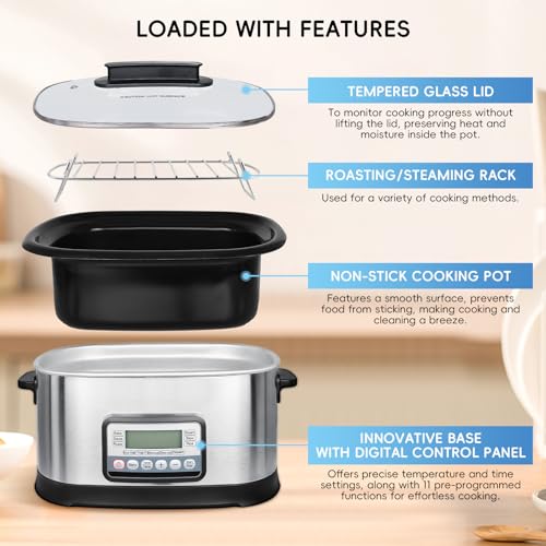 spoonlemon 6.5 Quart Multi Cooker 11-in-1, Programmable Slow Cooker with Timer & Temperature Control for Families Meals, 1500W with Bake, Saut&eacute;, Roast and Sous Vide