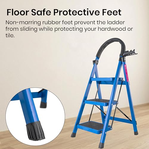 Image of Casa Copenhagen Blue 3 Step Ladder for Home Use with Built-in Tool Tray | Heavy Duty D Shape Rods | Ultra Large Platform | Wide Rubber Feet | 150Kg Capacity Foldable Ladder - 7 Years Warranty