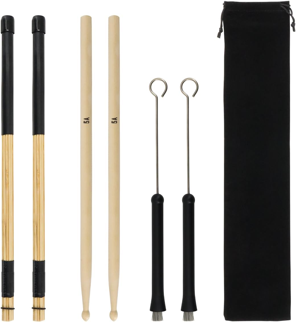 Drum Stick Brush Set, 1 Pair 5A Classic Maple Wood Drum Sticks 1 Pair Retractable Drum Wire Brushes and 1 Pair Rods Drum Brushes with Storage Bag for Jazz Folk Music Lover (black)