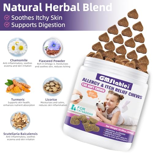 GMStahlei Hunde Allergie Kautabletten - Omega-3 Fischöl, Probiotika & pflanzliche Zutaten - Linderung bei saisonalen Allergien, juckender Haut & Ohren - Unterstützt Verdauung & Immunsystem - 300g