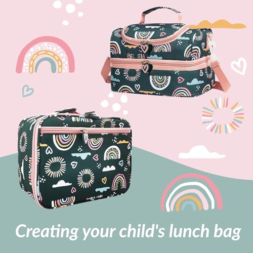 Image of Girls Insulated Kids Lunch Bags Mini Cooler Back to School Food Storage Tote - Picnic Cookouts Travel Reusable Small Lunch Boxes with Cute Pattern Green Rainbow