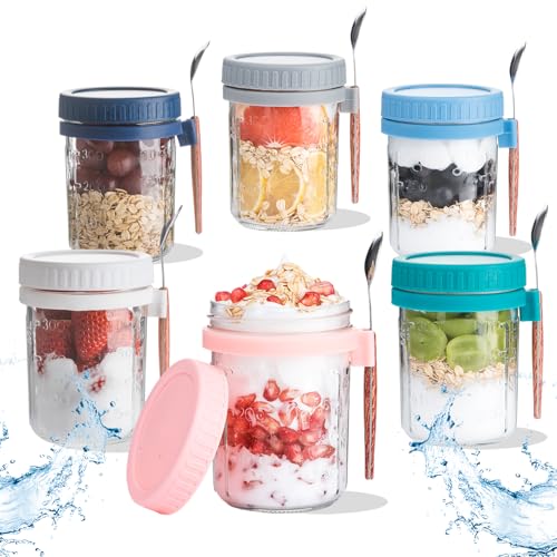 Ipukr Overnight Oats Containers with Lids & Spoons, 16 oz Reusable On-the-Go Cereal and Yogurt Cups, Mason Jars for Breakfast, Meal Prep & Travel, 6 Pack