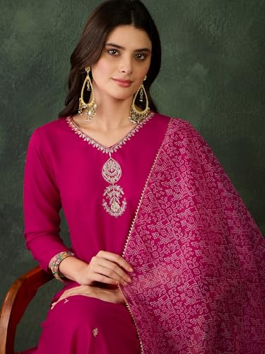 Image of Naixa Women's Rayon Cotton Lining Embroidered Straight Kurta with Pant and Dupatta Sets (NX-470)