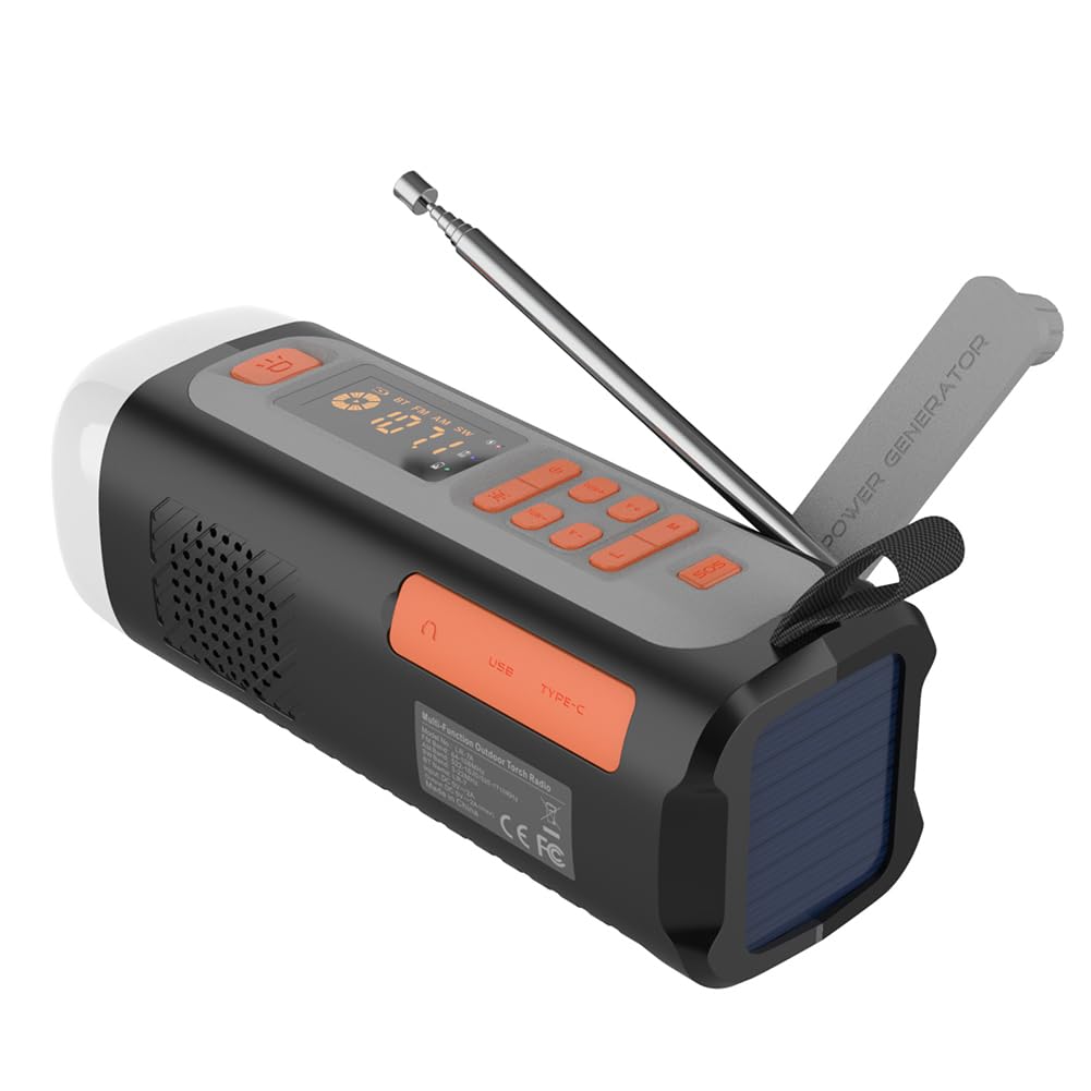 Radio de Emergencia 4500mAh Am/FM/SW con Altavoz BT, Carga USB-C/Solar/Manivela, Batería, Linterna, Alarma SOS y Conector para Auriculares
