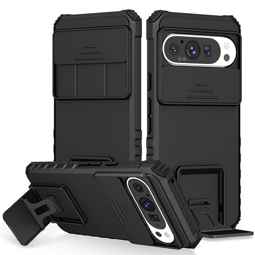 ShieldTech Back Cover Case for Google Pixel 9 Pro XL Sliding Camera Shield Stereoscopic Stand 360 Degree Protection Mobile Phone Case Cover for Google Pixel 9 Pro XL PC, Black Back Cover