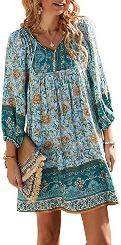 TEMOFON Women's Boho Mini Dress: Summer Floral 3/4 Long Sleeve V Neck Flowy Loose Casual Beach Dresses Blue M