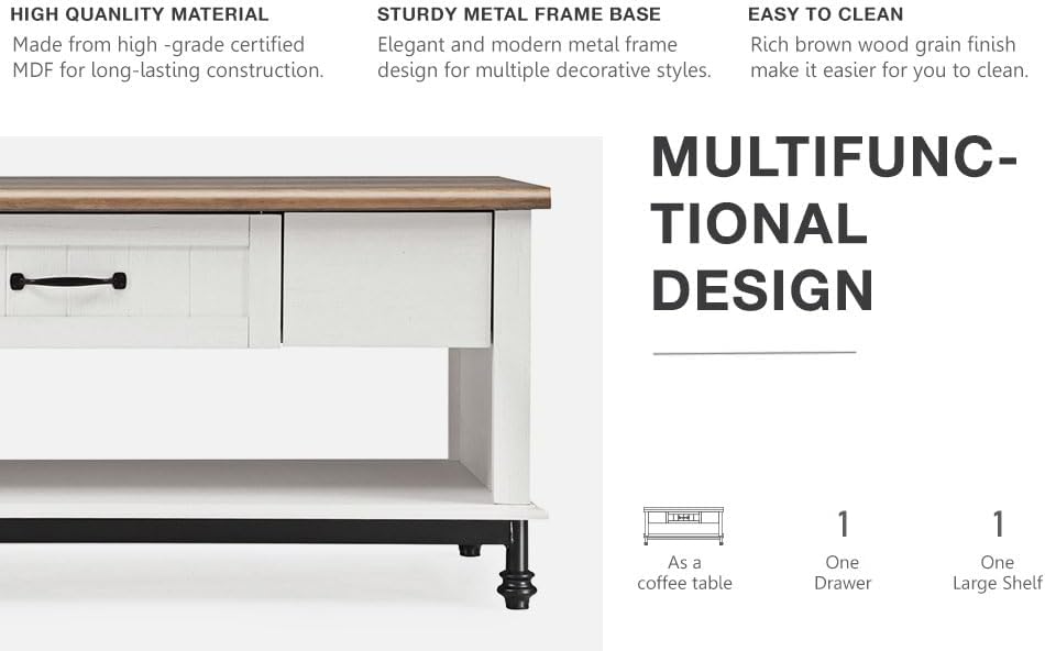 Miniatura 8 de WAMPAT Mesa de centro blanca moderna de granja con patas de matel negro, mesa central rectangular de madera con 1 cajón de almacenamiento para sala