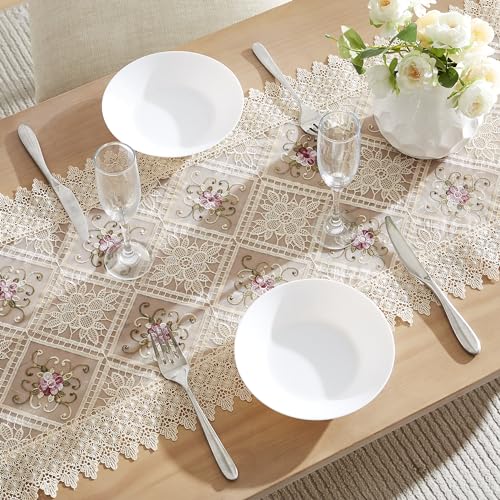 LINENZONE Gold Farmhouse Table Runner With Flower Design - 48 Inch for Small Dining, Dresser, Coffee Table - Macrame Farmhouse Decor (Viola 16 x 48, Linen) by LinenZone - Used condition - US$9.26