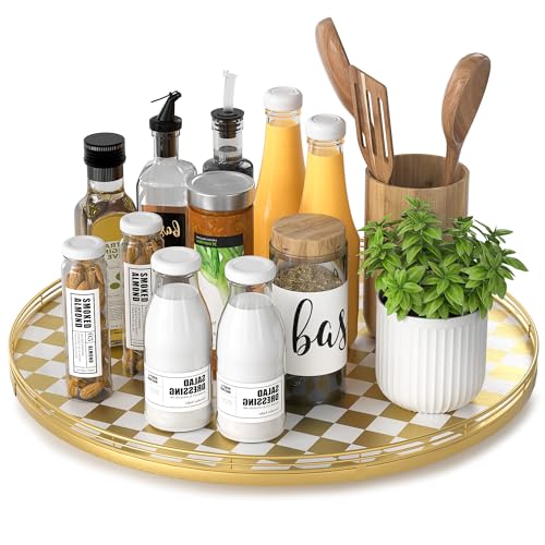 Image of Premium Rubber Wood Lazy Susan Turntable, Glod White Checkerboard Decorative Serving Tray, Hand-Welded Metal Railing, Stable Rotating Organizer for Dining Table, Kitchen Counter, Coffee Table Decor