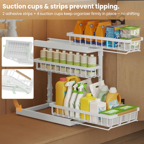 Image of Under Sink Organizer and Storage for Bathroom and Kitchen - 2 Pack 3 Tier | Under Cabinet Pull Out Shelf Organizers - Slide Out Drawer Organization for Home Cabinets Shelves and Drawers