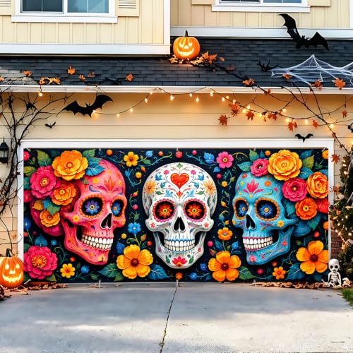 Image of Halloween Garage Door Decorations 7 x 16 ft, Sugar Skull Cover