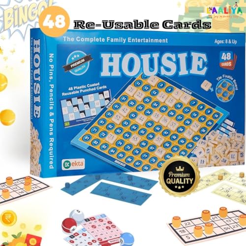 Image of Housie Game Set for Family Entertainment - 48 Reusable Plastic-Coated Cards, 1-90 Number Board, 90 Number Tiles, No Pens or Pins Required - Classic Tambola Board Game for Kids & Adults