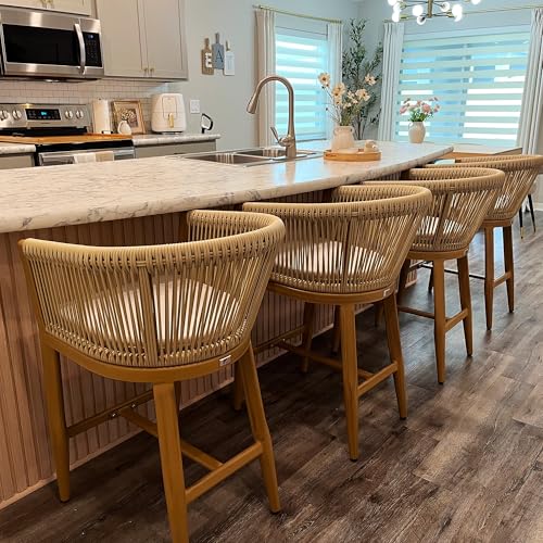 Image of PURPLE LEAF Counter Height Bar Stools Rattan Set of 2 with Cushion, Teak