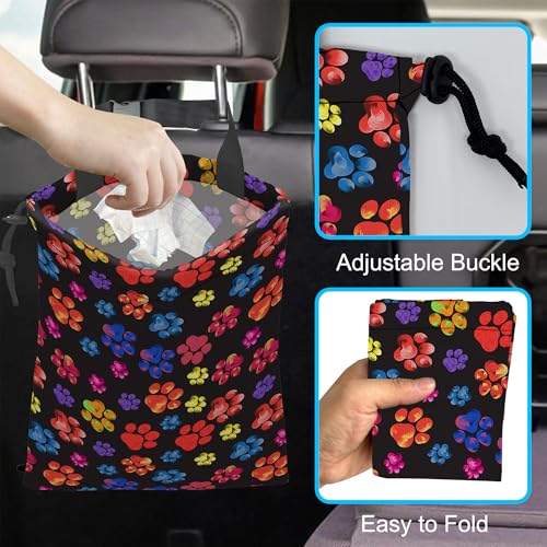 Image of Car Trash Bag Rainbow Animal Paw Print Car Garbage Bag Hanging Car Trash Can for Back Seat with Drawstring