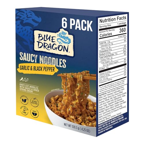 Blue Dragon Garlic & Black Pepper Saucy Noodles - 4.25oz (Pack of 6) - Knife Cut Air Dried Noodles...