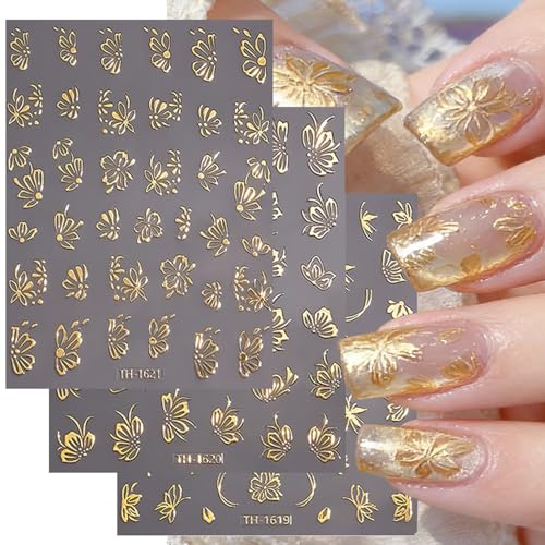 TBRZTR 6 Sheets Gold Nails Art Stickers 3D Self-Adhesive Gold Flower Nail Decals Design Hot Stamping Leaves Floral Nail Stickers Supplies for Women Acrylic Nails Decorations Accessories