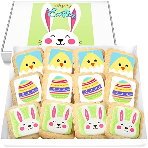 Image of Happy Easter Cookies 12 Pack Party Favors Basket Decorated | INDIVIDUALLY WRAPPED Bunny Eggs Chick Sugar Cookies | Gift Basket Peanut & Nut Free Bulk Treats Snacks