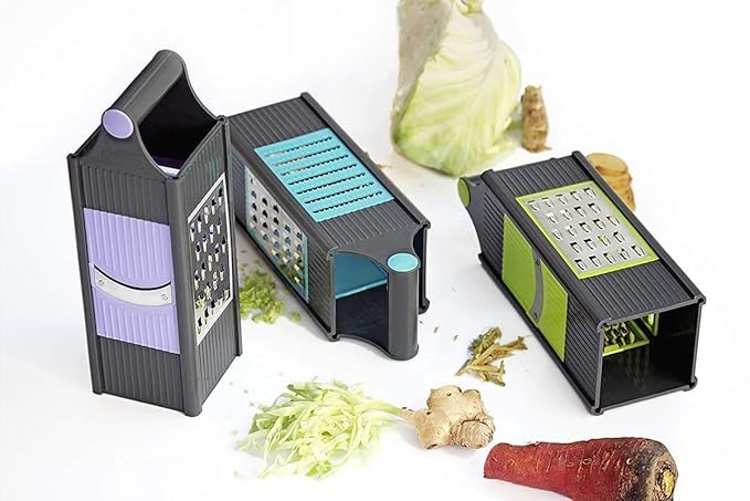 Image of ARTO 4 in 1 Handy Smart Vegetable Slicer Fruit Slicer ABS and Stainless Steel Four Sided Boxed Grater with Handle Chopper Fruit Slicer Potatoes Peeler Attach 4 Blades (Multicolor) (3)