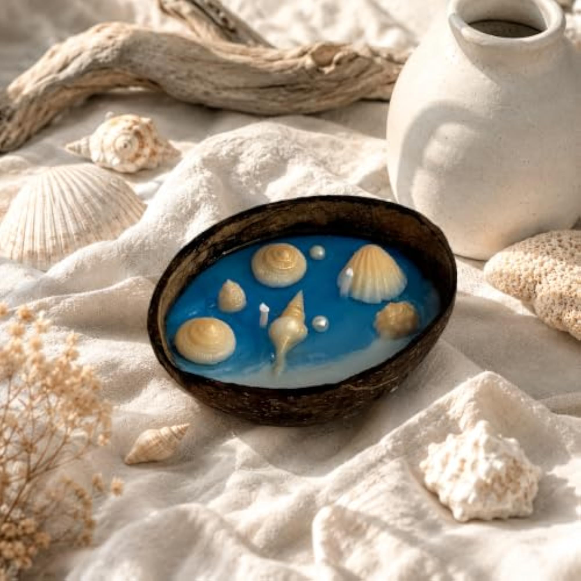 Ocean Breeze Coconut Shell Candle with Seashell Wax Details
