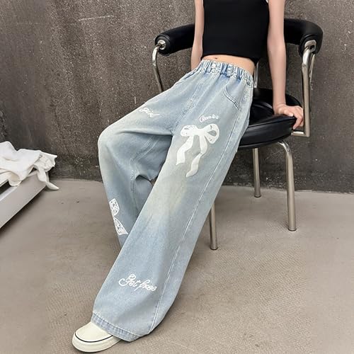 Bows Jeans for Girls Baggy Wide Leg Denim Pants Kids Cute Elastic Straight Trousers Trendy Y2k Streetwear with Pockets3