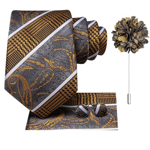 Image of Hi-Tie Mens Paisley Floral Striped Ties Set Silk Necktie and Lapel Pin for Men Pocket Square Cufflinks Set Business Wedding