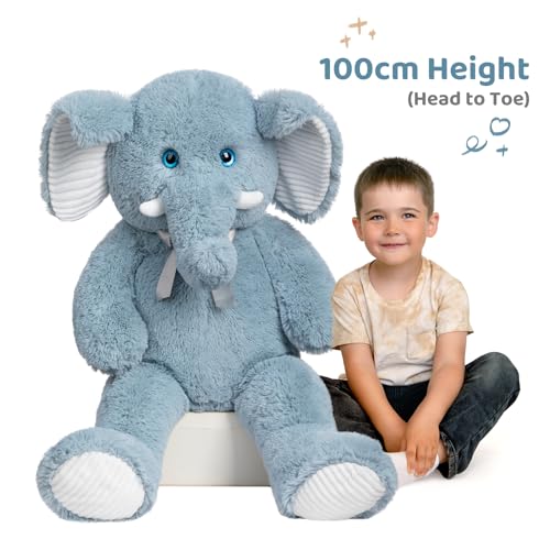 BEJOY XXL Großer Elefant Teddy Stofftier mit 3D Blauen Augen, Plüschtiere Weiches Kuscheltier für Kinder, 100cm