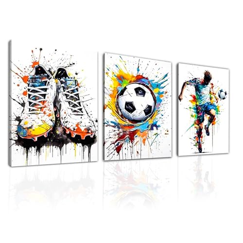 Rongxze Lot de 3 peintures murales graffiti avec chaussures de football, ballon et joueur, décoration sportive pour chambre à coucher, salle de jeux, chambre de...