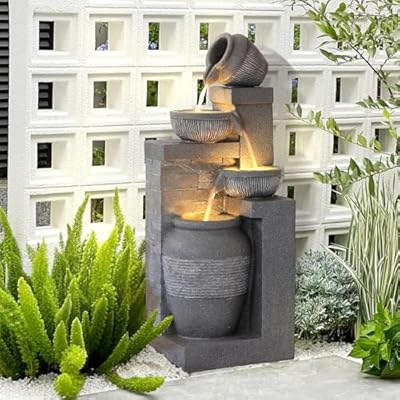 Grepatio 4-Tiers Indoor/Outdoor Garden Water Fountain, 32" H Cascading Water Feature Waterfalls Fountain with LED Lights, Outdoor Floor Standing Water Fountains for Garden, Yard, Patio, Decor (Grey)